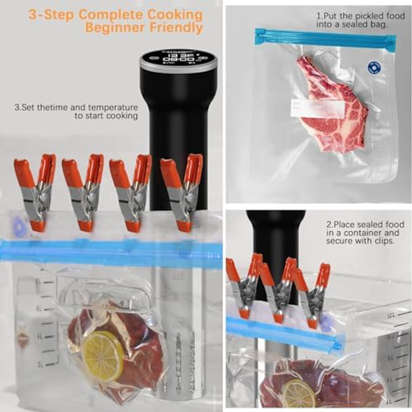 Sous Vide Machine Wi-Fi Cattleman Cuisine Sous Vide Cooker Immersion Circulator Suvee Cooker Kit with 30 Vacuum Bags Vacuum Pump Cookbook Accurate Temperature&Timer 1000W IPX7 Waterproof