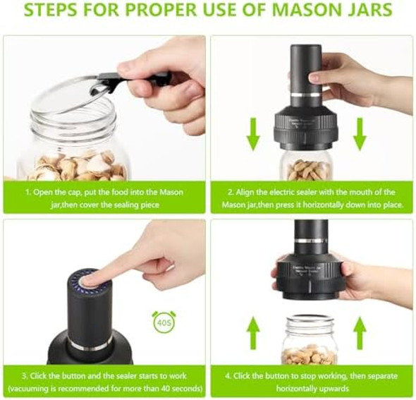 Electric Mason Jar Vacuum Sealer Kit – Vacuum Sealer for Wide & Regular Mouth Jars Food Storage Bags Wine Saver Pump (bLACk)