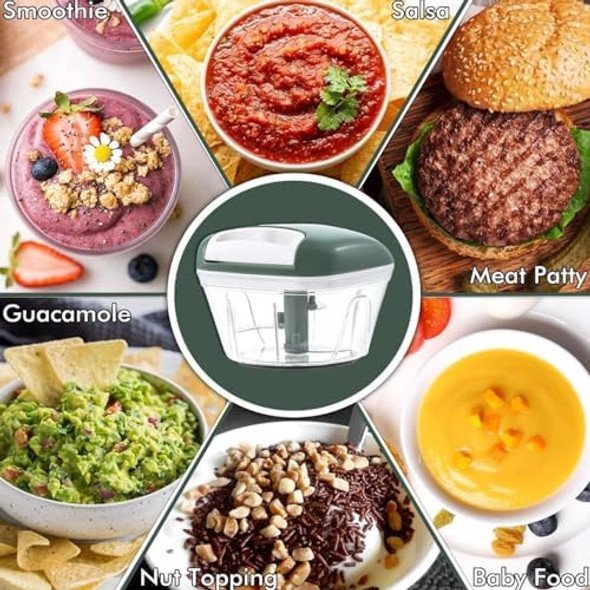 Chef PowerPremium Quality Mini Pull Cord Chopper - Stainless Steel Blades Hand Pull - Pull and Chop Food - Suitable for Onion Ginger Fruit Wonderful Chopper for Kitchen (Green)