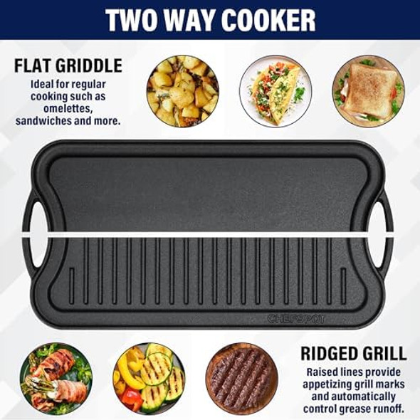 Griddle Pan for Stove Top – 20" Reversible Cast Iron Double Burner Griddle Plate Multi-Use Preseasoned Pancake Pan with Handles - Works on most Stovetops Grills and Fire