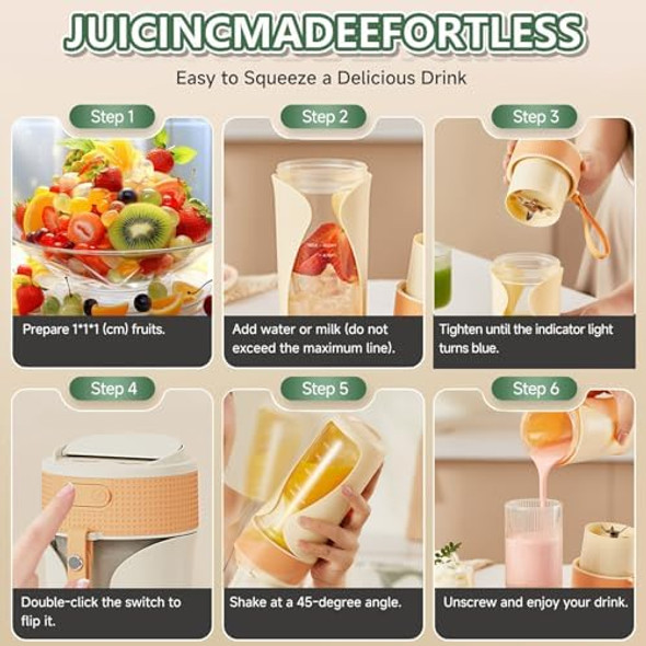 Portable Blender Cup 450ml Multi-Function Blender with Ice-Crushing Strong Cutting Power with 6 Blades BPA USB-C Rechargeable Fruit Veggie Juicer Cup for Home Sport Office