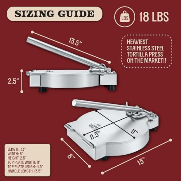 Concord 11" Stainless Steel EL JEFE Commercial Grade Tortilla Press. 2 Gauge Thickness 18 LBS. Perfect Maker for Flour or Corn Tortillas Quesadillas Roti and much more