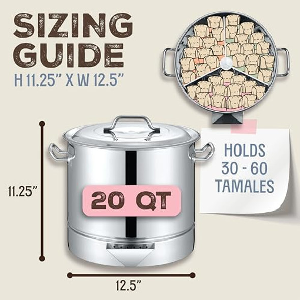 Concord Stainless Steel Tamales Steamer Pot. Mi Abuela Series with Exterior Water Refill Spout Divider and Removable Steamer Rack (20 Quart)
