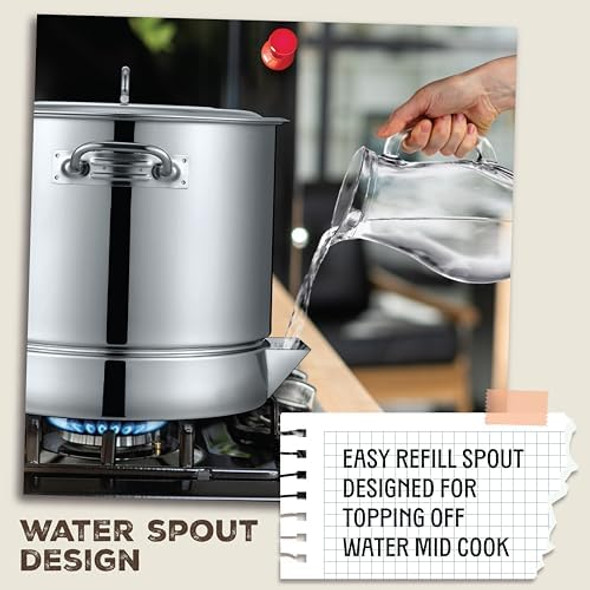 Concord Stainless Steel Tamales Steamer Pot. Mi Abuela Series with Exterior Water Refill Spout Divider and Removable Steamer Rack (20 Quart)