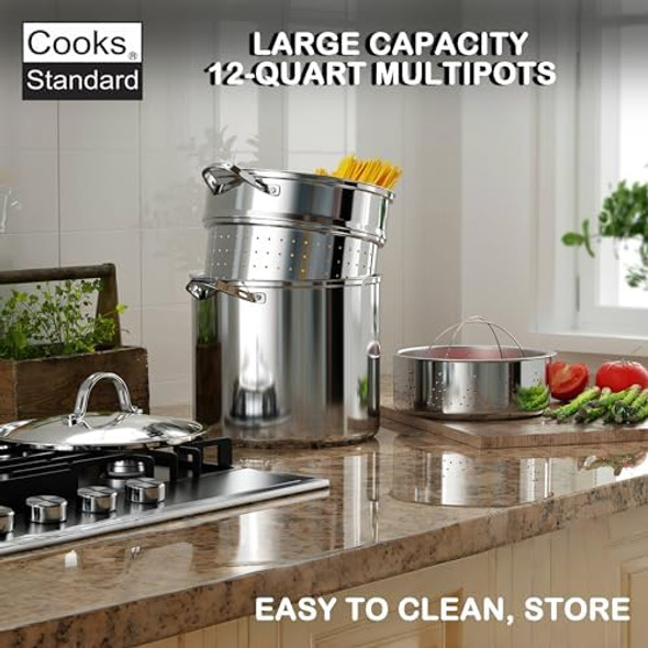 Cooks Standard Pasta Pot 18/10 Stainless Steel 12 Quart Spaghetti Cooker Steamer Stock Pot Multipots with Strainer Insert Stainless Steel Lid 4-Piece Set