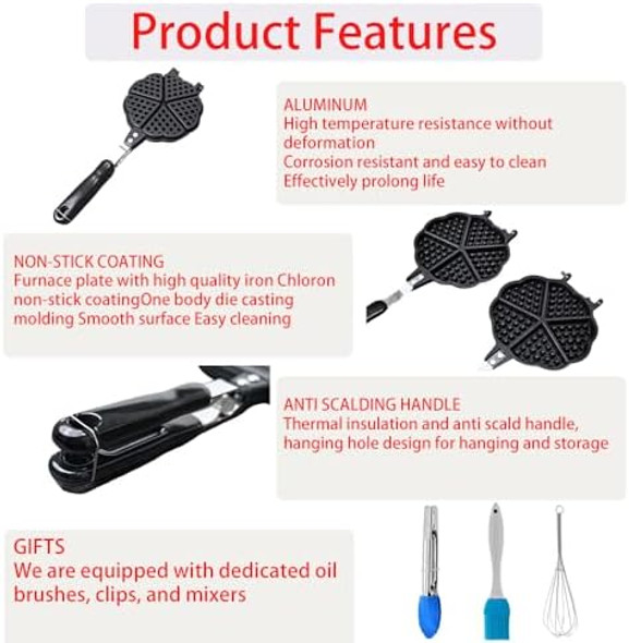 Stovetop Heart Shaped Waffle Pan Set of 1 - Cast Iron Waffle Pan Maker for Pancakes Puffs and Non Stick Cookware Waffles - Non-Electric Stovetop Griddle Panwaffle for Gas Stove