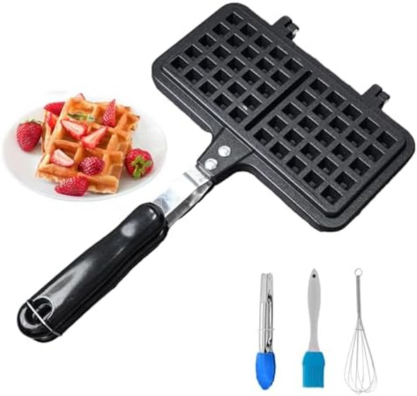 Non-stick Aluminum Stovetop Double Mini Waffle Baking Pan 4.3 x 8.3 inch Stovetop Belgium Waffle Iron Maker Waffle Pan Pie Maker Waffle Pan Pot Comes with Oil Brush Stirrer and cleaning cloth