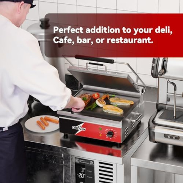 CROSSON 15"×11" Ribbed ETL Listed Commercial Electric Panini Grill Hinged Auto Leveling Top Plate Panini Press Sandwitch Maker