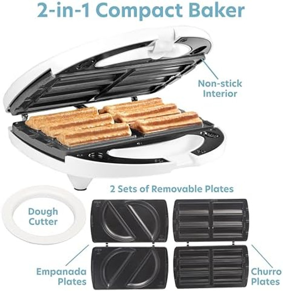 Empanada & Churro Maker Machine- Electric Cooker w 4 Removable Plates- Easier than a Press- Includes Dough Cutting Circle for Easy Measurement Mexican Dinner Party Night Treat Dessert Food Supplies