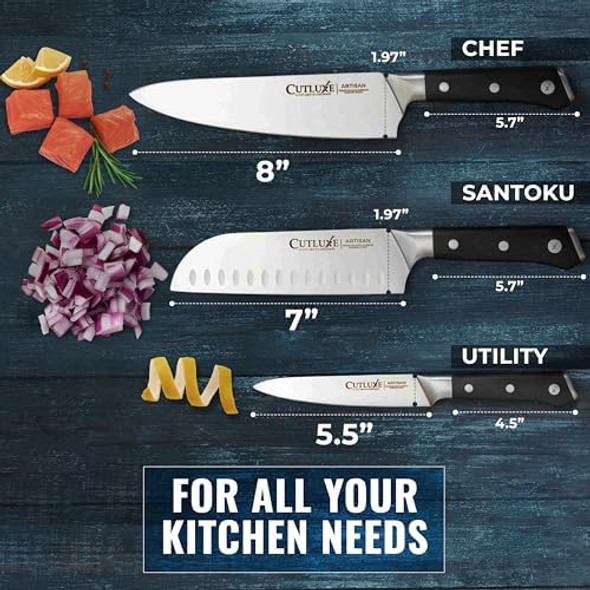 Cutluxe Chef Knife Set 3 PCS Professional Chef's Knife Set – Razor Sharp German Steel Full Tang Ergonomic Handles - Artisan Series
