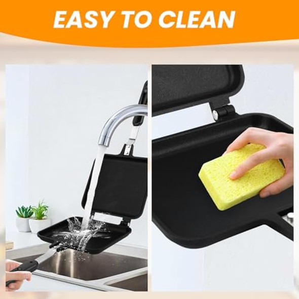 Double-Sided Frying Pan Aluminum Sandwich Pan Breakfast Non Stick Frying Pan Waffle Maker Flat Bottom Panini Maker Pan with Handle Omelette Pan Flip Pan for Cake Toast Sandwich