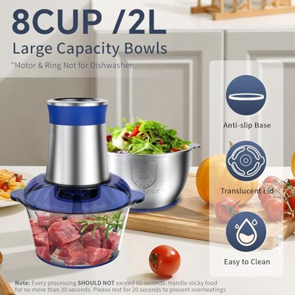 Electric Food Processor with 8 Cup+8 Cup Stainless Steel &Glass Bowls 3 Speed Mode Meat Grinder with 2 Sets Blades Food Chopper for Family & Baby Food Meat Fruit Onion Vegetables (Black)