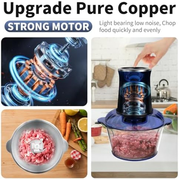 Electric Food Processor with 8 Cup+8 Cup Stainless Steel &Glass Bowls 3 Speed Mode Meat Grinder with 2 Sets Blades Food Chopper for Family & Baby Food Meat Fruit Onion Vegetables (Black)