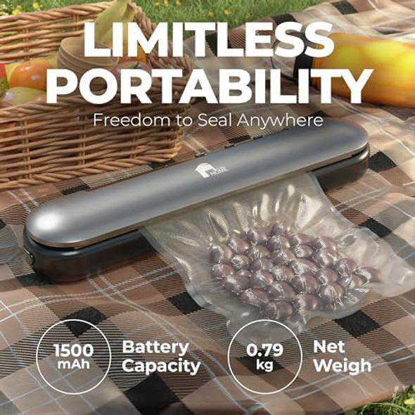 EconoHome Cordless Food Vacuum Sealer Machine - Rechargeable & Portable Sous Vide Vacuum Sealer with Built-In Cutter - Seals in 10 Seconds - 11.8" Width with 3 Sealing Modes & 1 Bag Roll 77" x 11"