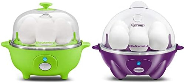 Bundle of Elite Gourmet EGC-007G Rapid Egg Cooker Hard Medium Poacher Auto Shut-Off Alarm 16-Recipe Book Lime Green + Elite Gourmet EGC007P Rapid Egg Cooker Omelet Auto Shut-Off Purple