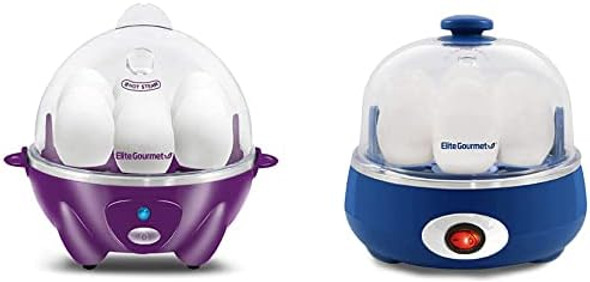 Bundle of Elite Gourmet EGC700P# Rapid Egg Cooker Eggplant + Elite Gourmet EGC322CBL Easy Egg Cooker Electric 7-Egg Capacity Classic Blue Soft Medium Hard-Boiled Egg Cooker with Auto Shut-Off
