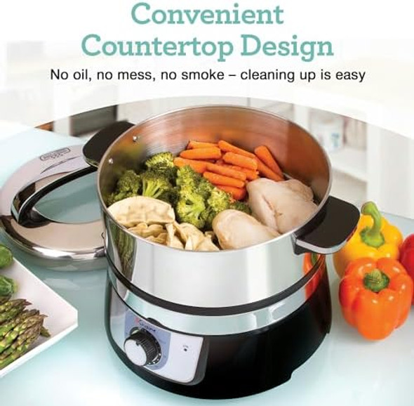 Euro Cuisine FS3200 Electric Food Steamer Versatile Vegetable Steamer & Steam Cooker for Healthy Cooking Ideal for Fish Veggie Meat Easy Cleaning Stainless Steel Design 1200 Watts