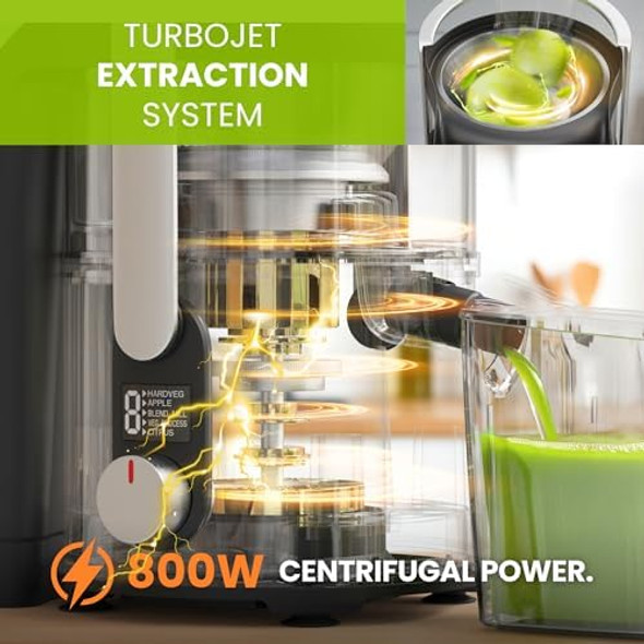 Eurolux 800W Premium Centrifugal Juicer for Whole Fruits and Vegetables – TurboJet Extraction System – 5-Speed Dial with Digital Display – Wide 3” Feed Chute – Easy to Clean – BPA-- Stainles Steel