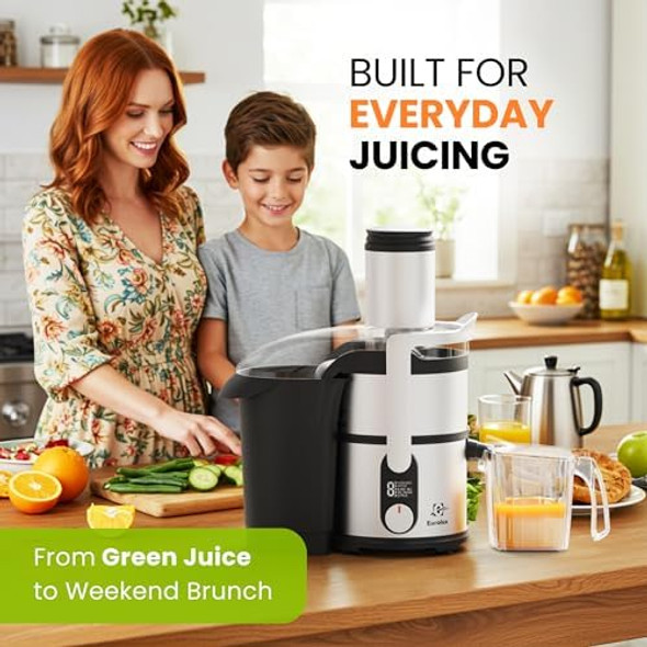 Eurolux 800W Premium Centrifugal Juicer for Whole Fruits and Vegetables – TurboJet Extraction System – 5-Speed Dial with Digital Display – Wide 3” Feed Chute – Easy to Clean – BPA-- Stainles Steel