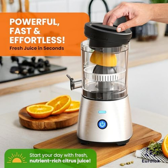 Eurolux Electric Citrus Juicer Stainless Steel Premium Hands- One-Touch Orange Juice Squeezer for Oranges Lemons and Limes Quiet Operation Easy to Clean Countertop Small Kitchen Appliance