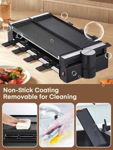 FOHERE Raclette Grill 2-in-1 Rotatable Electric Indoor Raclette Table Grill 1400W Raclette Machine for 8 with Reversible Non-Stick Plates Includes 8 Cheese Pans for Family and Parties Fun
