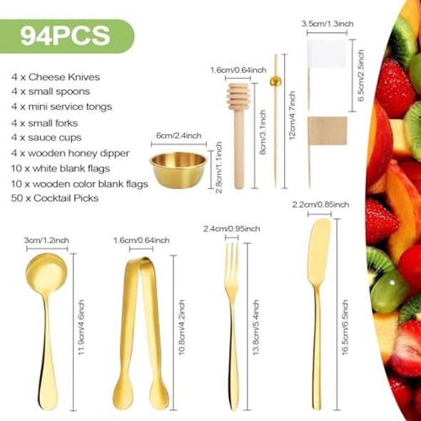 94 Pcs Charcuterie Board Accessories Stainless Steel Cheese Spreaders Forks Spoons Mini Serving Tongs Honey Dippers Sauce Cups Toothpick Flags Charcuterie Utensils for Pastry Making Silver