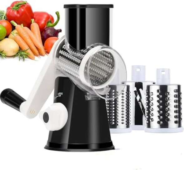 Rotary Cheese Grater Hand Crank Grater For Kitchen With Reinforced Suction - Rotary Cheese Grater With 3 Replaceable Stainless Steel Blades - Easy to Use & Clean - Vegetable Cutter (White)