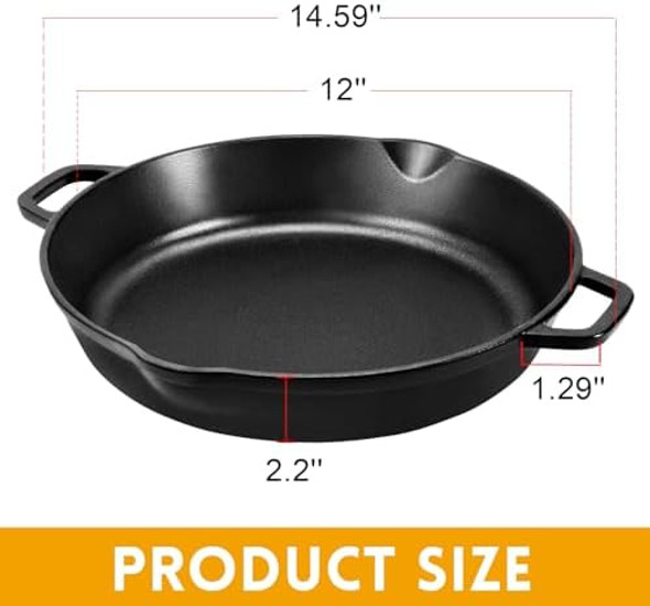 GGC Cast Iron Skillet Pan with Double Handles for Stove Tops Oven Grill Smoker Induction or Campfire 12" Camping Skillet Pan for Indoor and Outdoor Cooking