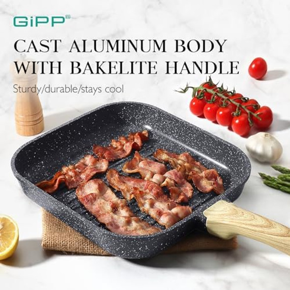GiPP Nonstick Grill Pan for Stove Tops - 11 Inch Square Grilling Pan for Indoor Cooking & Outdoor Grilling Non Stick Granite Grill Skillet Steak Pan PFOA (Grey)