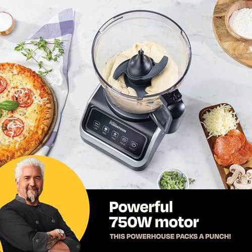 Guy Fieri's Flavortown Food Processor 4-Speed Control with Easyfeed Chute 750W Motor 8-Cup Bowl Vegetable Chopper Mixer Smoothie Maker Dough Kneader Baby Food & Meal Prep Black
