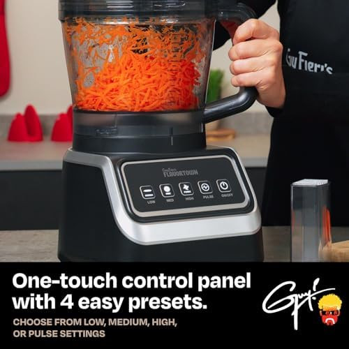Guy Fieri's Flavortown Food Processor 4-Speed Control with Easyfeed Chute 750W Motor 8-Cup Bowl Vegetable Chopper Mixer Smoothie Maker Dough Kneader Baby Food & Meal Prep Black