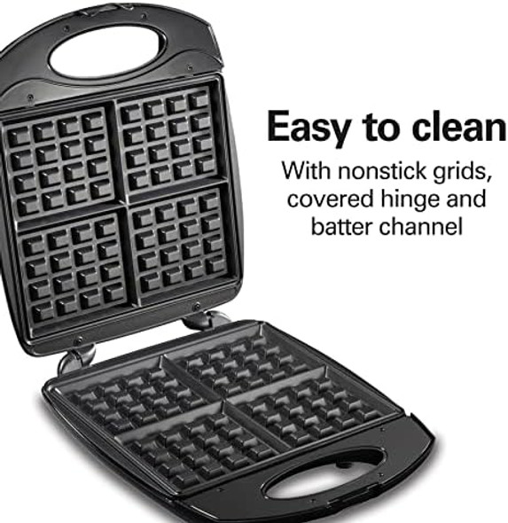 Hamilton Beach Non-Stick Belgian Waffle Maker with Indicator Lights Makes 4 4" x 5" Mini Waffles Hashbrowns or Keto Chaffles at Once Compact Design for Easy Storage Black & Stainless Steel (26020)