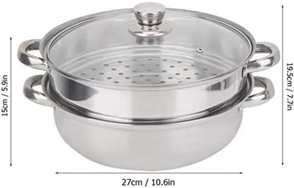 2 Layer Steamer Stainless Steel Cookware 27cm 11in 2 Layer Steamer Pot Cooker Double Boiler Soup Steaming Pot for Steaming Buns Taro Seafood Etc