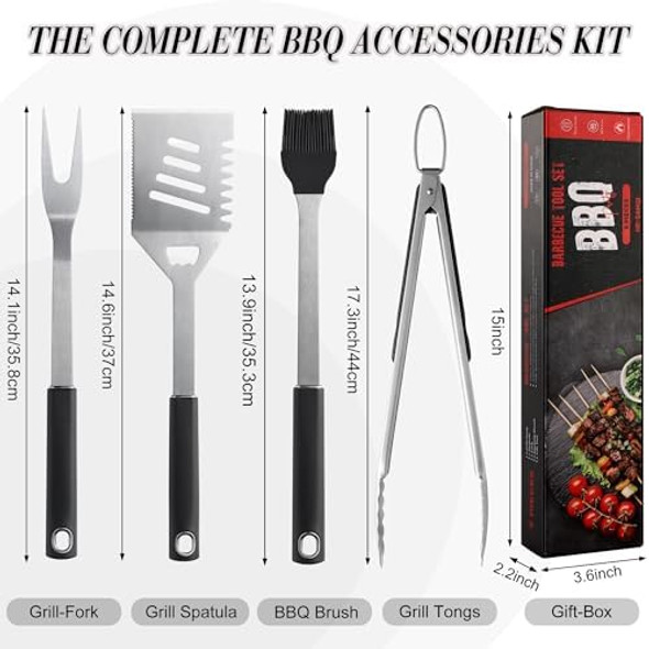 Griddle Accessories Kit - Grilling Accessories Stainless Steel Heavy Duty Grill Tools Set with Spatula Fork Tongs Brush and -Box for Outdoor Barbecue Home Grill (4PCS)