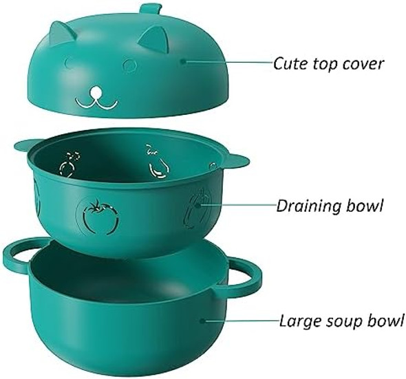 68 OZ Microwave Ramen Bowl Noodle Cooker Steamer for Cooking Food and Vegetables with Removable Strainer Green