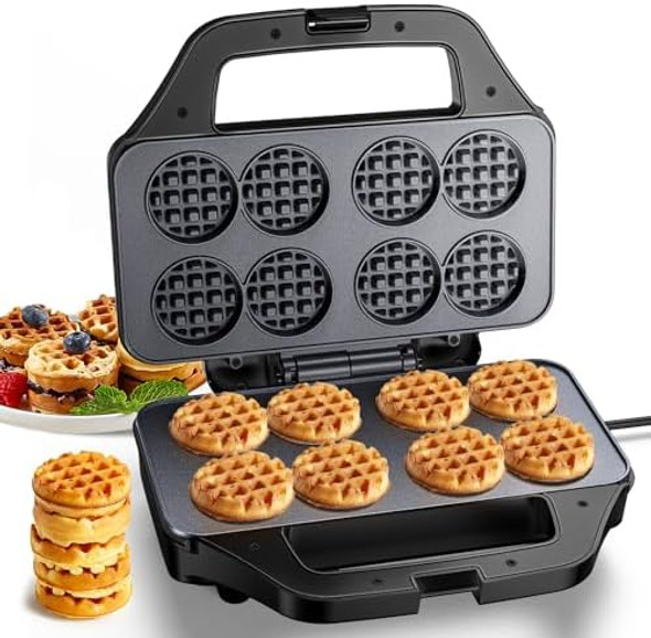 Mini Waffle Maker for Kids Bake 8 x 1.8 Inch Tiny Waffle Bites Compact Stainless Non-Stick Waffle Iron with Quick Heat-Up Easy to Use and Clean Perfect for Home or Parties Black