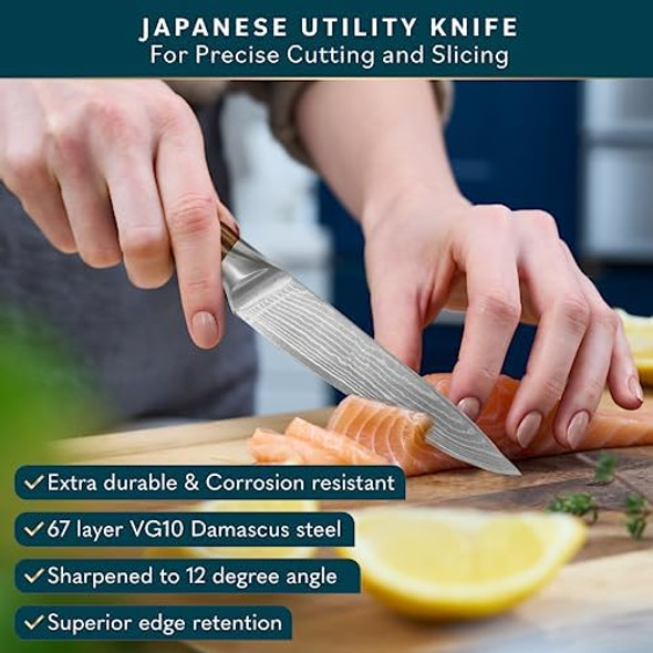 Home Hero Japanese Utility Knife Collection - VG10 Damascus Steel Triple Rivet Ultra Sharp 67 Layers Kitchen Knife with Ergonomic Rosewood Handle - Unique for Men & Women (5 Inch Utility Knife)