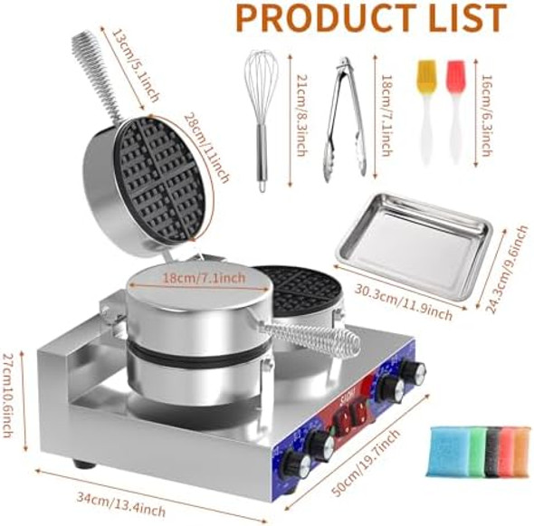 HTTSICHI Waffle Maker - Commercial Waffle Iron w/Two Non-stick Baking Pans 550 ℉ Temperature and Timers 2400W Dual Waffle Maker for Double Baking Stainless Steel Waffle Machine for Restaurant