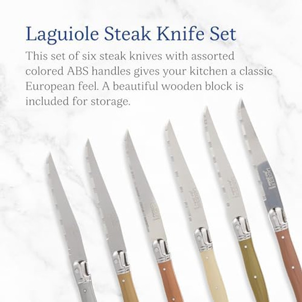 Jean Dubost Laguiole 6-Piece Steak Knife Set Black Handles - 1.2 mm Blades - Rust-Resistant Stainless Steel - Includes Wooden Block - Made in France