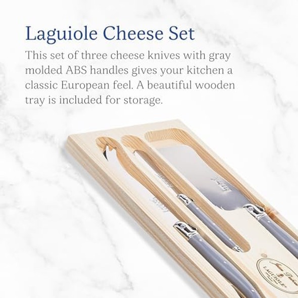 Jean Dubost Laguiole 3-Piece Cheese Knife Set Paris-Colored Handles - Rust-Resistant Stainless Steel - Includes Wooden Tray - Made in France