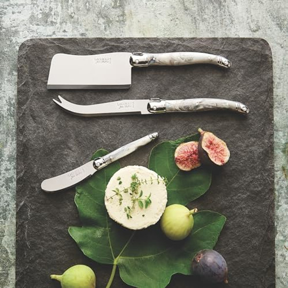 Jean Dubost Laguiole 3-Piece Cheese Knife Set Paris-Colored Handles - Rust-Resistant Stainless Steel - Includes Wooden Tray - Made in France