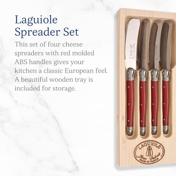 Jean Dubost Laguiole 4-Piece Spreader Set Red Handles - Rust-Resistant Stainless Steel - Includes Wooden Tray - Made in France