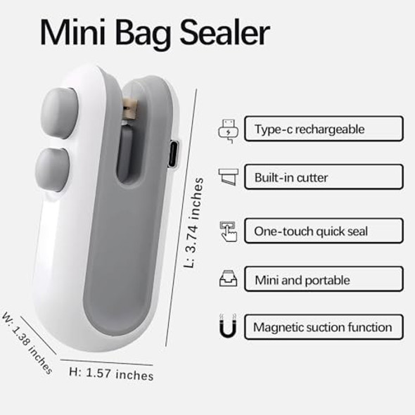 Mini Bag Sealer 2 in 1 USB-C Rechargeable Heat Sealer and Cutter with Magnet Portable Handheld Food Storage Resealer Mini for Plastic Snack Bags Chips Mylar Bags - Blue