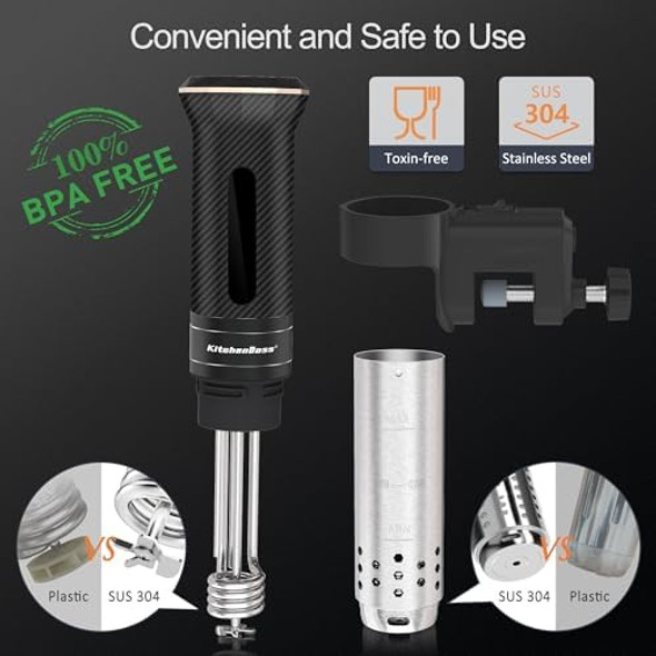 KitchenBoss Sous Vide Machine: Ultra-quiet Sous Vide Cooker Immersion Circulator IPX7 Waterproof Stainless Steel 1100W Professional Sous-vide Precision Cooker Black (G300T)