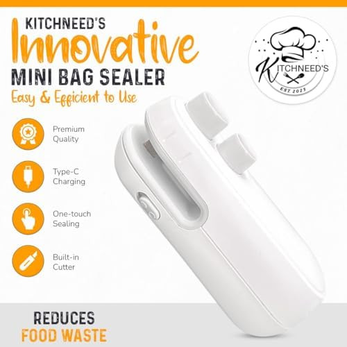 KITCHNEED'S MINI BAG SEALER Preserve Freshness and Reduce Food Waste 2-in-1 Sealer & Cutter Rechargeable Quick and Easy.