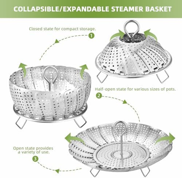 Steamer Basket Premium Stainless Steel Vegetable Steamer Basket for Veggies & Seafood Cooking Expandable Food Steaming Basket Fits for Various Size Pots & Pans (6.4" to 10") LAIHIFA
