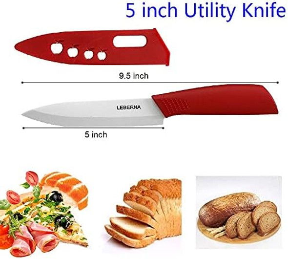 Ceramic Knife Set Knives Set for Kitchen Ceramic Kitchen Knives Colored w Sheath 6" Bread Knife 6" Chef Knife 5" Utility Knife 4" Fruit Knife 3" Paring Knife 1 Peeler Colorful Rust Proof