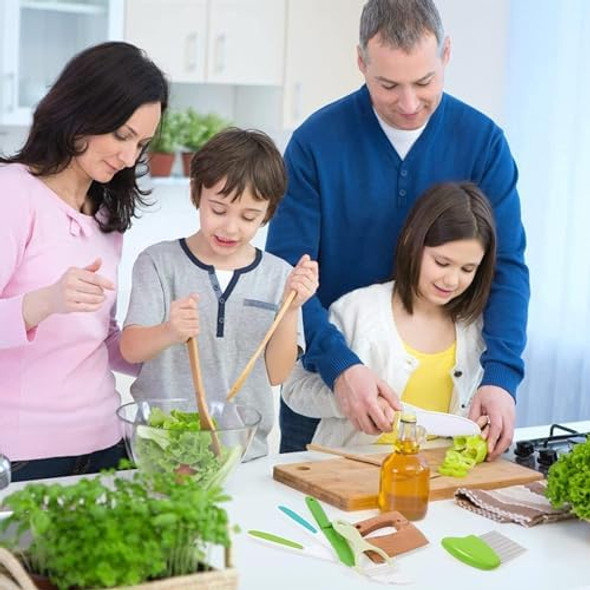Leking 8 Pcs Wooden Kitchen Knife Set for Kids - Includes Safe Knives Serrated Plastic Knives Potato Slicers Sandwich Cutter Peeler and Cutting Board