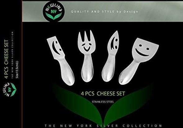 lineNY Stainless Steel 4 Pieces Smiling Faces Cheese Knife Set: Hard and Soft Cheese Knives Serving Fork & Cheese Spreader