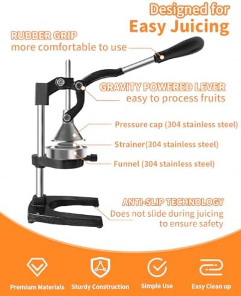 Locamp Cast Iron Fruit Juicer Hand Press Juicer Machine Professional Citrus Squeezer for Orange Lemon Lime-Durable and Easy-to-Clean Stainless Steel Manual Citrus Press